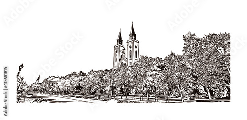 Building view with landmark of Sombor is the
city in Serbia. Hand drawn sketch illustration in vector.