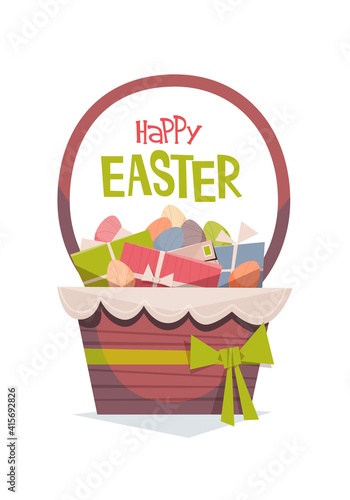 happy easter spring holiday celebration greeting card with decorated colorful eggs and gifts in basket vertical vector illustration