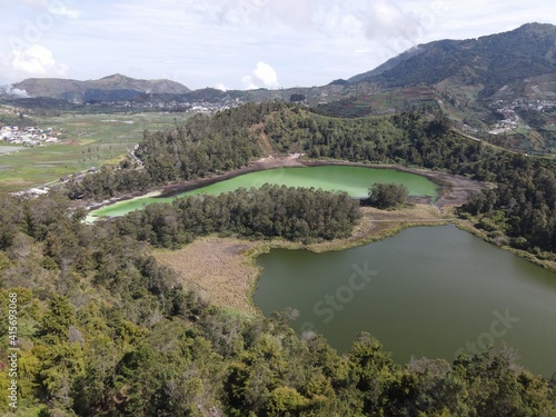 Aerial view of Telaga Warna lake in Dieng Wonosobo, Indonesia