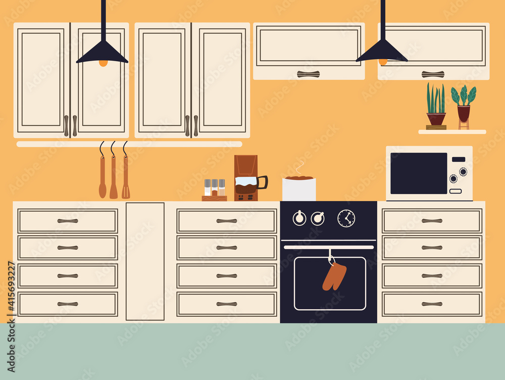 Stylish kitchen with fittings, microwave and oven. Stylish kitchen with fittings, microwave and oven.
