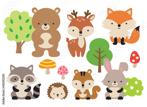 Vector illustration of cute woodland forest animals including a bear, deer, fox, raccoon, hedgehog, squirrel, and rabbit. photo