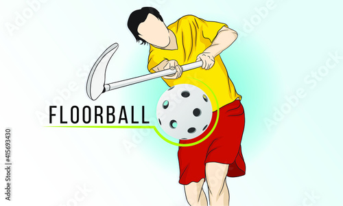 Vector illustration of floorball. A player with a stick strikes the ball. 