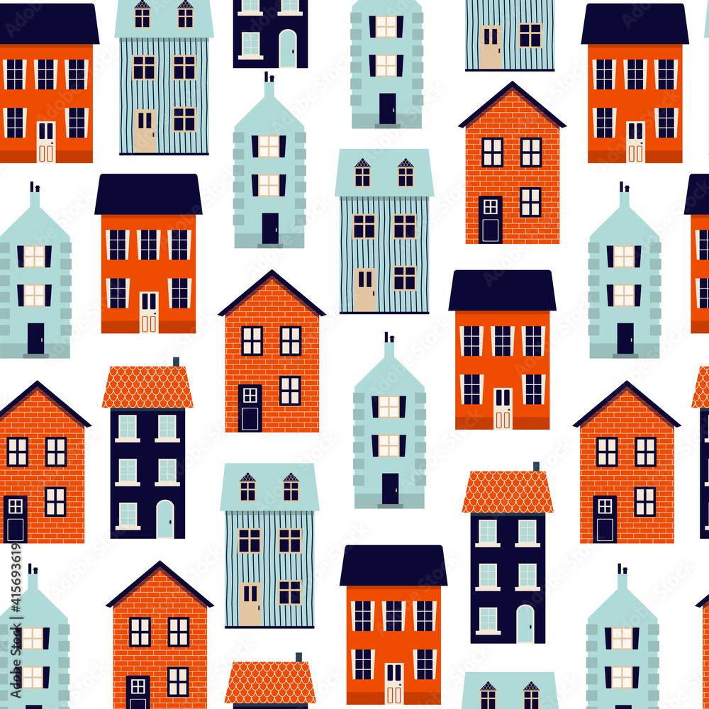 Seamless pattern of cute different colorful houses