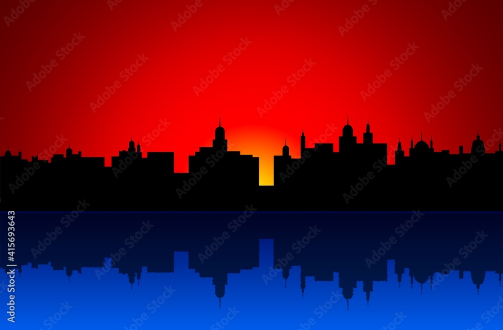 Night landscape of the city. Vector illustration of the contours of city buildings in the early rays of the sun with a reflection in blue water. A blank for creativity.