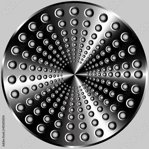 Perforated sheet of metal on a gray background. Abstract vector illustration of a shiny disk with holes of different diameters on a gray background. A blank for creativity.