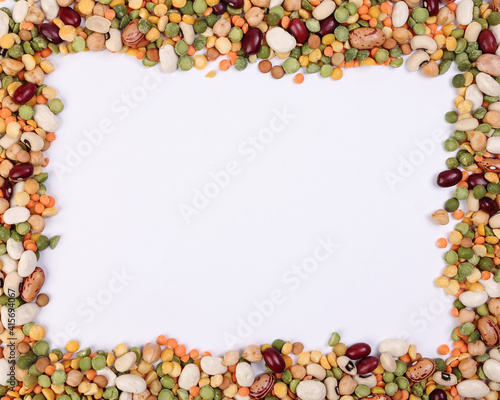 Mixed beans multi grain colorful mixture frame border copy text space on white background
