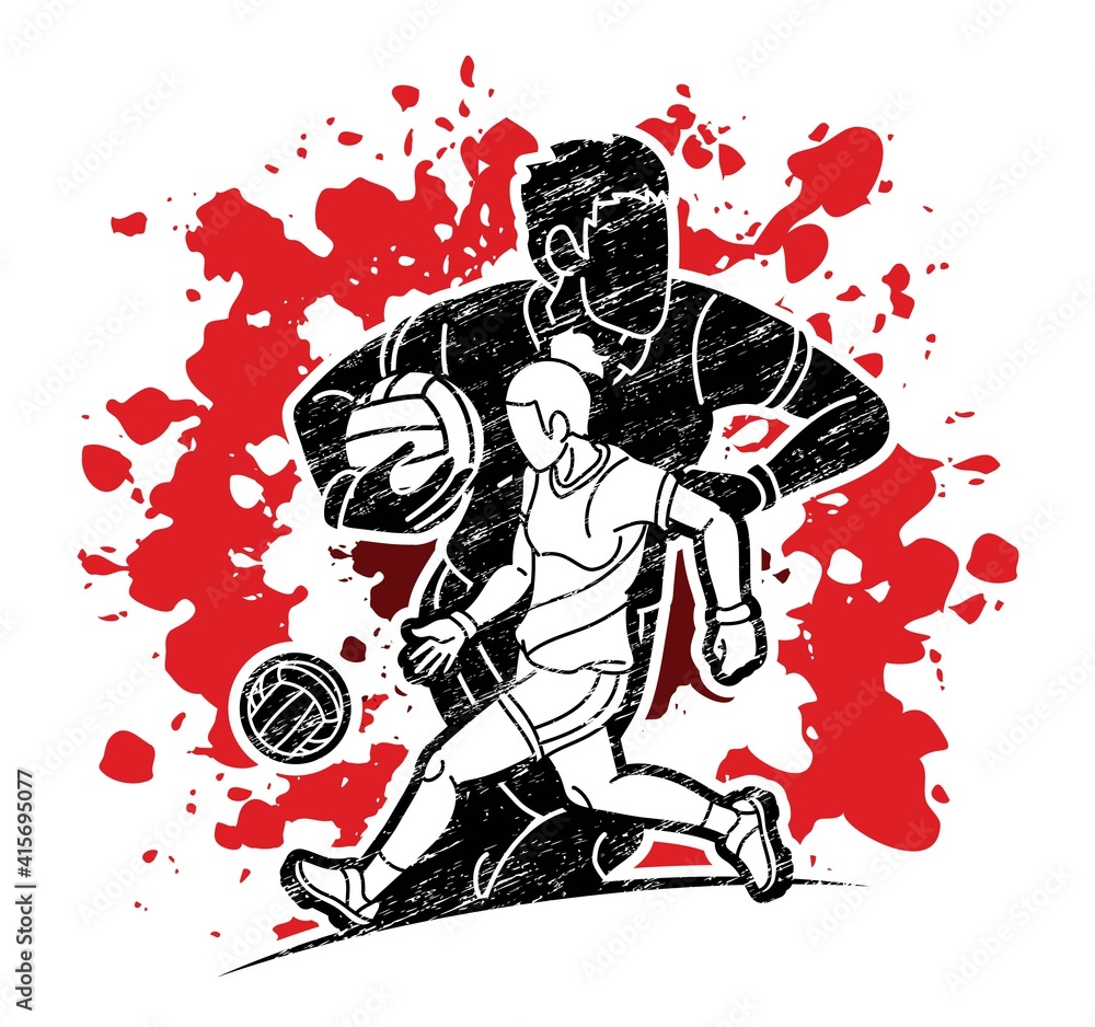 Gaelic Football Male and Female Players Action Cartoon Graphic Vector