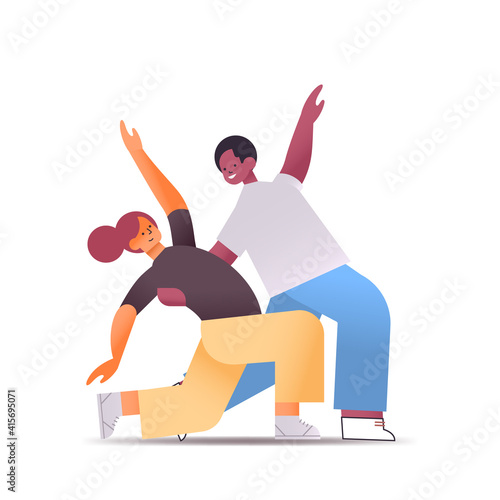 man woman dancers in sportswear mix race couple doing dancing exercises isolated full length vector illustration