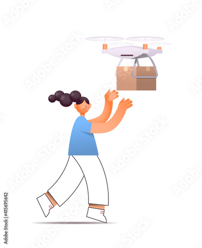 quadrotor delivering cardboard box to woman automated drone delivery service concept customer receiving parcel delivered by quadcopter full length vertical isolated vector illustration
