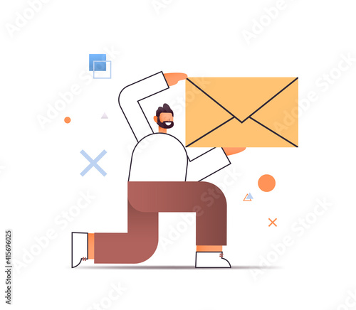 happy man holding envelope communication concept full length isolated vector illustration