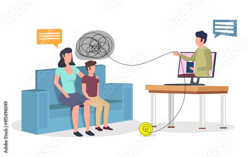 Online child psychologist counseling, flat vector illustration. Psychotherapy session of virtual doctor therapist, psychiatrist with school girl sitting on sofa with mother. Kids mental health.