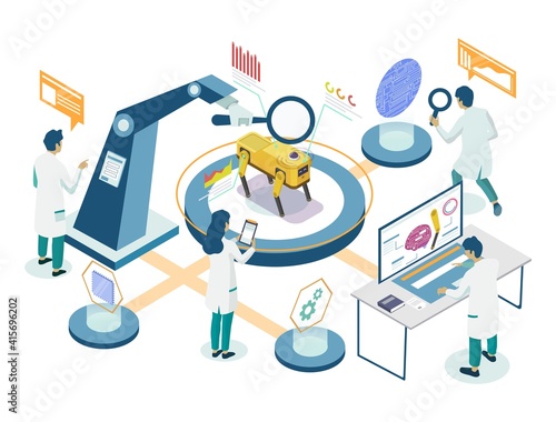 Robots laboratory research isometric flowchart, vector illustration. Scientists, engineers building, programming, testing robot dog intelligent machine. Artificial intelligence science.