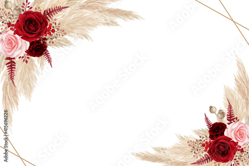 Boho floral background with pampas grass and red roses