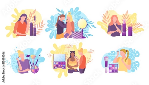 Different makeup artists applying makeup set. Women stylists doing makeup to girls using different tools. Girls putting makeup on their faces flat vector illustration