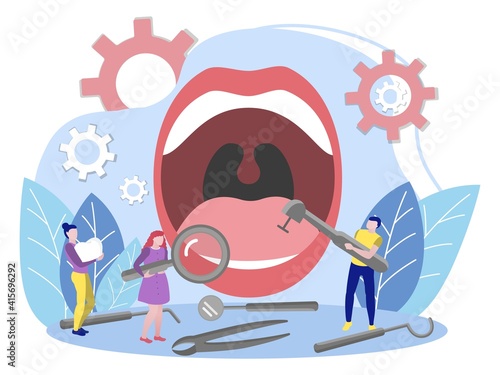 Tiny people examining open mouth. Man and women treating huge teeth using professional dental instruments. Check up, dental and oral health care concept flat vector illustration