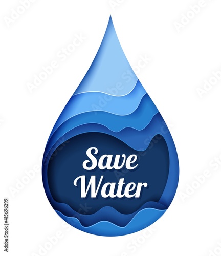 Paper cut craft style blue water drop with Save water lettering, vector isolated illustration. Water conservation, ecology, save nature.
