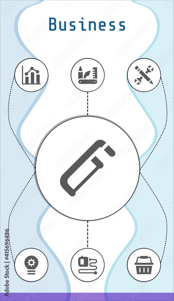 business editable infographic template with icons of Configuration, Lightbulb, Saw, Extending leads, Shopping basket, Analytics, Swiss army knife business editable infographic template with icons of Configuration, Lightbulb, Saw, Extending leads, Shopping basket, Analytics, Swiss army knife