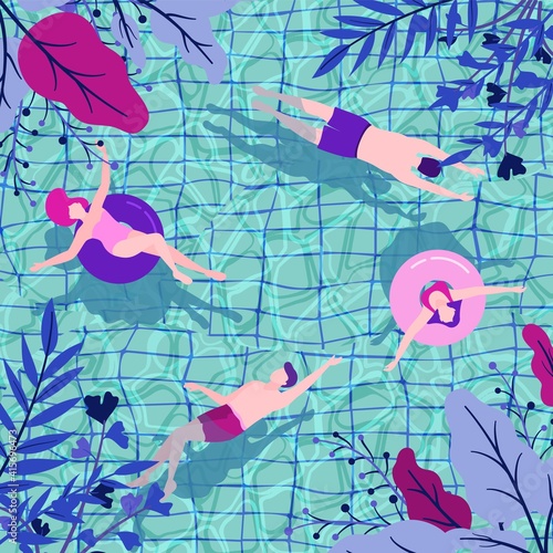 Top view of swimming pool. Men and women swimming, floating, relaxing and sunbathing on air mattresses and inflatable rings cartoon vector illustration