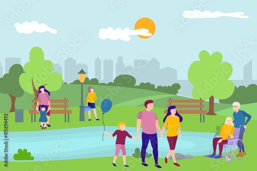 People relaxing in nature in urban park. Summer landscape with parents walking with children, elderly people relaxing outdoors, people resting on lake flat vector illustration