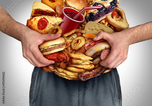 Obesity And Nutrition or unhealthy diet as a front view of a fat overweight person with the stomach made from junk food as a medical dieting issue and high cholesterol eating lifestyle 