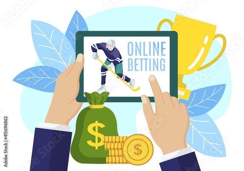Online betting sports game. Man holdiing tablet screen and watching online sports broadcast. Hockey online sports with betting person, live bet application service flat vector illustration