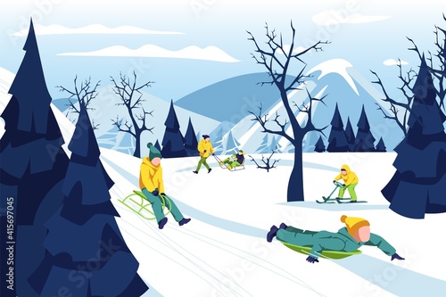 Boy riding his sleigh on hill. Kid wearing warm winter clothing sledding down snowy hill. Child having fun outdoors in winter season cartoon vector illustration