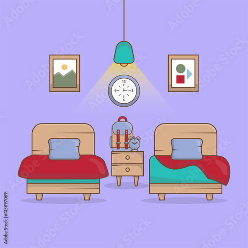 Bedroom child with minimalist twin bed, bag and alarm c'lock