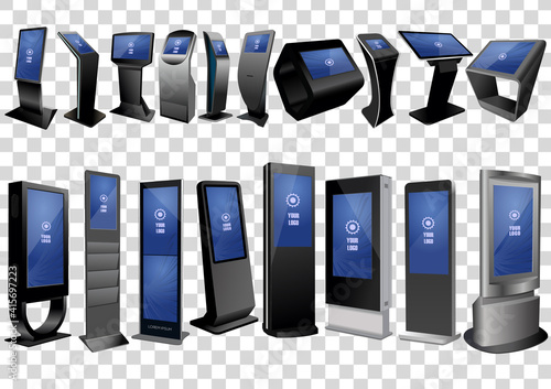 Set of Promotional Interactive Information Kiosks, Advertising Displays, Terminal Stands, Touch Screen Displays isolated on transparent background. Mock Up Template