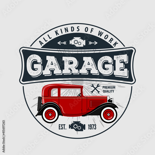 Car repair service, vintage Logo design concept with classic retro car. Vector illustration	