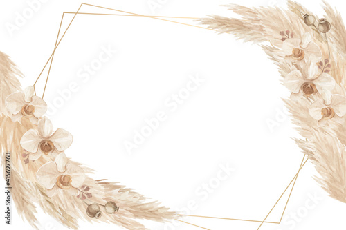 Fototapeta Rustic pampas grass and orchid frame background