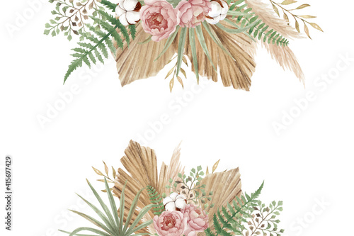 Watercolor boho background with dry palm leaves  pampas  fern and peonies