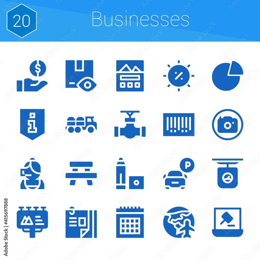 businesses icon set. 20 filled icons on theme businesses. collection of Table, Auction, Calendar, Parking, Summer, Scale, Curriculum vitae, Landing page, Truck, Marker businesses icon set. 20 filled icons on theme businesses. collection of Table, Auction, Calendar, Parking, Summer, Scale, Curriculum vitae, Landing page, Truck, Marker