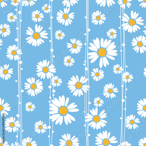 Seamless pattern with daisy flower on blue background vector illustration.