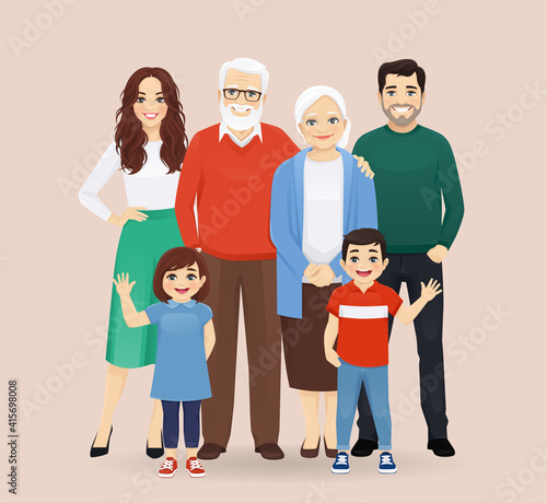 Big happy family with grandparents and childrens vector illustration isolated. Mother, father, daughter, son, grandfather, grandmother.