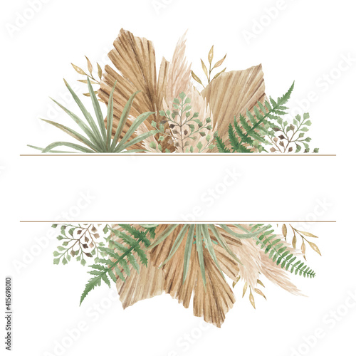 watercolor bohemian floral background frame with dry leaves and fern