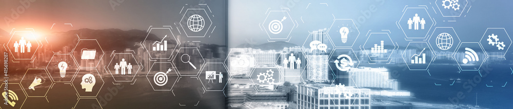 ERP Enterprise Resource Planning system on virtual screen with connections between business intelligence.