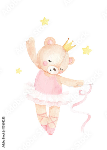 Cute little bear dancing, adorable watercolor illustration