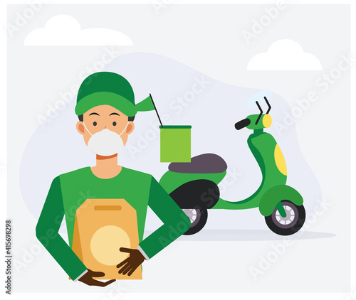Food delivery service concept ,Male food delivery worker is Delivery paperbag of Food to you. Flat vector cartoon illustration.