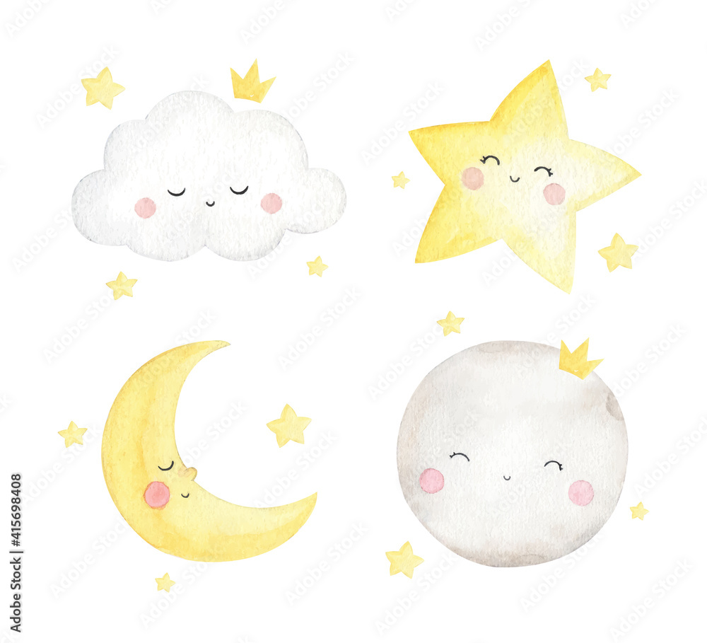 Set of cute little stars, moon and cloud on watercolor Set of cute little stars, moon and cloud on watercolor
