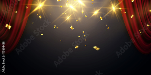 Red curtain background. Grand opening event design. confetti gold ribbons. luxury greeting rich card.