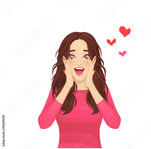 Surprised shocked beatiful woman with hearts in her eyes isolated vector illustration
