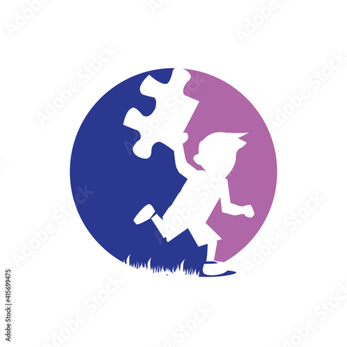 kids with puzzle pieces vector logo design concept illustrations