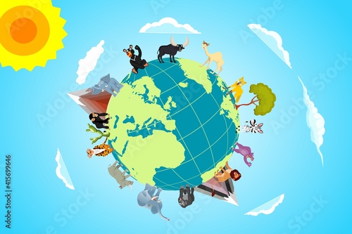 Biodiversity on the planet earth, cartoon wild animals and birds on the globe surface, vector concept