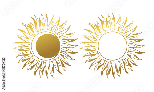 Golden sun and crescent moon with rays, abstract boho hand drawing, magic symbol, tattoo. A set of heavenly signs for witchcraft, astrology, tarot. Modern vector illustration isolated