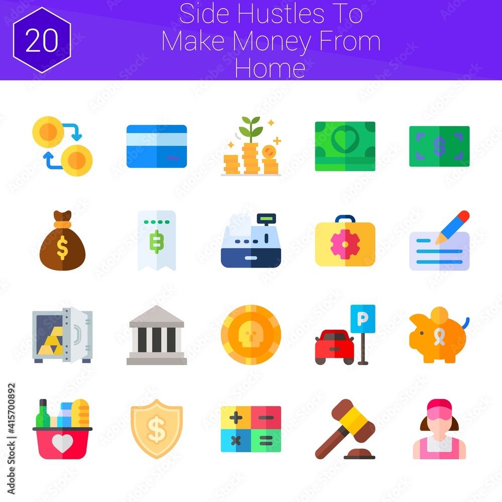 Obraz premium side hustles to make money from home icon set. 20 flat icons on theme side hustles to make money from home. collection of parking, safebox, calculator, banks, piggy bank, coins