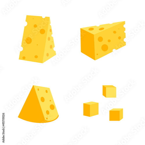 .Cheese with holes isolated on white background, vector flat illustration. Set of cheese of different shapes: triangular, square