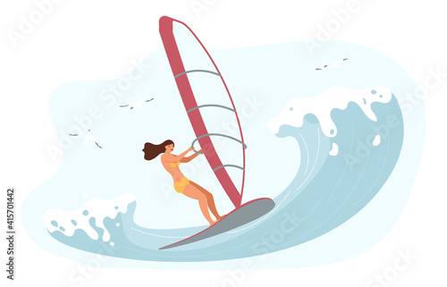 Women rides the Barreled Rushing Waves or floating on paddle board. Happy character isolated on white background. Flat Art Vector illustration