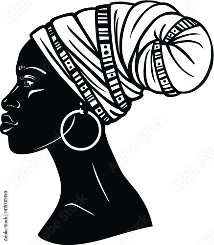 Animation portrait of the young African woman in a turban. Profile view. Monochrome linear drawing. Vector illustration isolated on a white background. Print, poster, t-shirt, card.