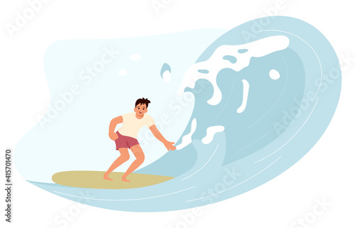 Men rides the Barreled Rushing Waves or floating on paddle board. Happy character isolated on white background. Flat Art Vector illustration