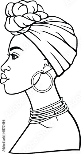 Animation portrait of the young African woman in a turban. Profile view. Monochrome linear drawing. Vector illustration isolated on a white background. Print, poster, t-shirt, card.